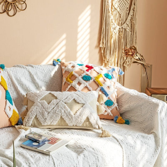 HKM-739923 National Style Tufted Cotton Canvas Pillowcase with Floral Pattern