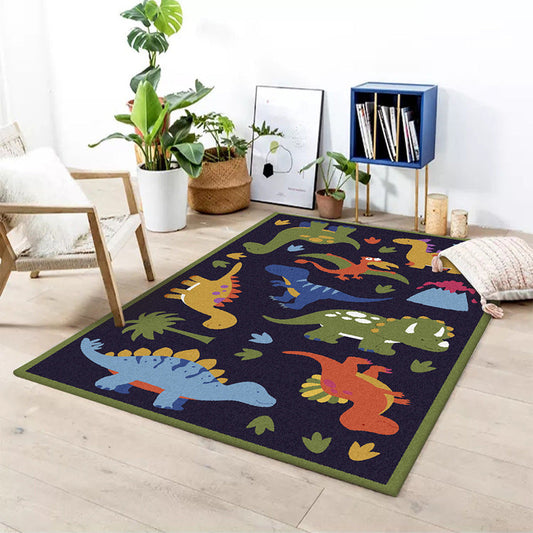 HKM-742163 Cute Forest Dinosaur Decorative Carpet in Dark Blue with Green Edges, Polyester Fiber, Multiple Sizes Available