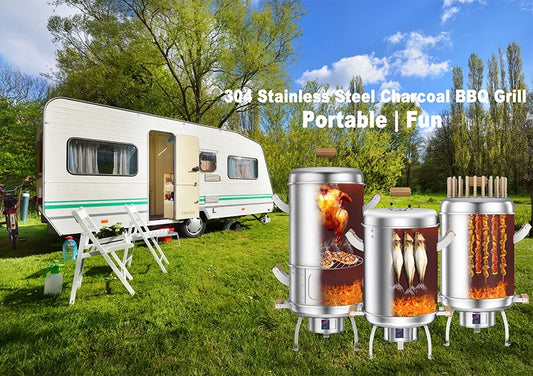 KTX-746067 304 Stainless Steel Portable Charcoal BBQ Grill and Chicken Roaster, 3-in-1 Multi-functional Design, Detachable Accessories