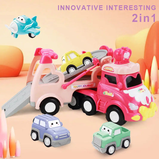 HKM-746963 Pull Back Inertia Truck Car Set with Lights and Music for Kids - Pink Friction Toy