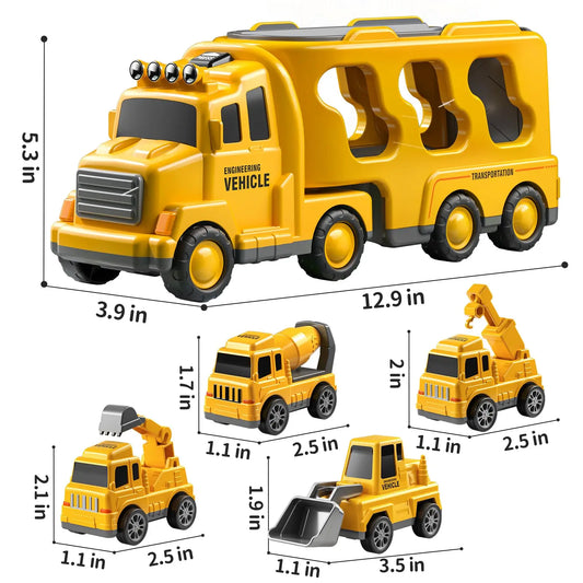 HKM-763475 5-in-1 Friction Die Cast Construction Truck Carrier Model for Kids Ages 2-13