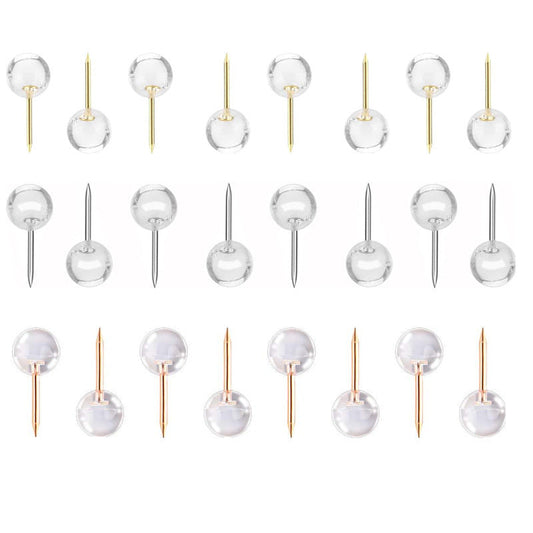 HKM-764499 Transparent Round Ball Push Pins - 100 pcs in Rose Gold, Gold, Silver Options for Office & Craft Use