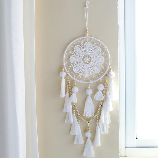 HKM-765523 Romantic Wall Dream Catcher with Wooden Beads and Tassels for Living Room and Bedroom Decor