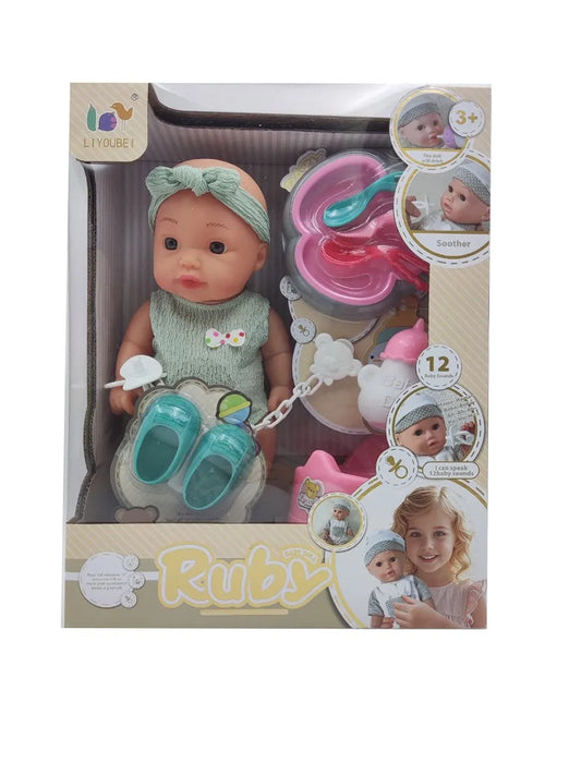 HKM-773523 12 Inch Soft Mini Baby Doll with 4 Sounds for Kids Ages 2-7