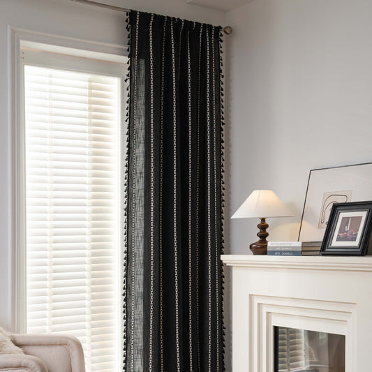 HKM-776723 Black and White Jacquard Pocket Curtain Set with Multi-line Rod Options