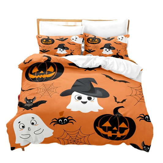 HKM-778323 Halloween Geometric Bed Sheet Set with Duvet Cover and Pillowcases in White and Bright Yellow