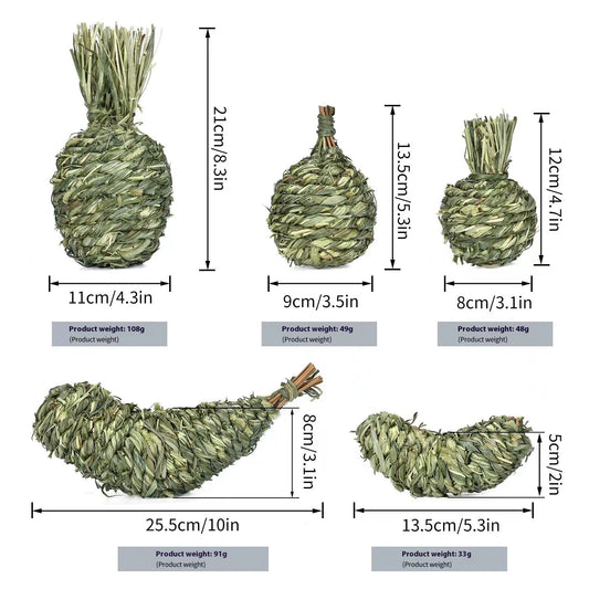 HKM-778771 Timothy Grass Pet Rabbit Chew Toys - Assorted Shapes including Eggplant, Apple, Pear, Banana, and Pineapple