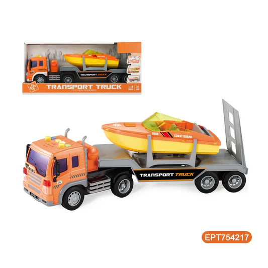 HKM-782419 1/16 Scale Friction Plastic Toy Truck with Tow Trailer for Kids Ages 2 and Up