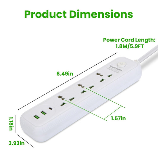 HKM-787731 6FT Power Strip with 3 AC Outlets, 2 USB A Ports, and 1 USB C Port, Wall Mountable with Safety Cover, Ideal for Home and Office Use