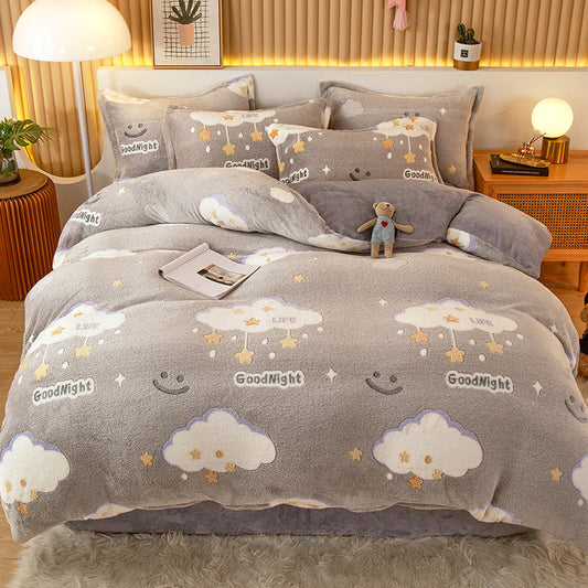 HKM-794451 Coral Fleece Milk Velvet Duvet Cover with Flannel Pillowcase Set - Sleek and Stylish Bedroom Decor