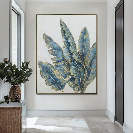 HKM-795219 Handmade Oil Painting - Abstract Green and Gold Banana Leaves on Canvas for Home Décor