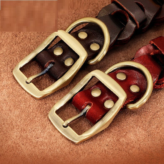 HKM-796627 Braided Leather Dog Collar in Dark Brown and Vermilion for Medium to Large Dogs