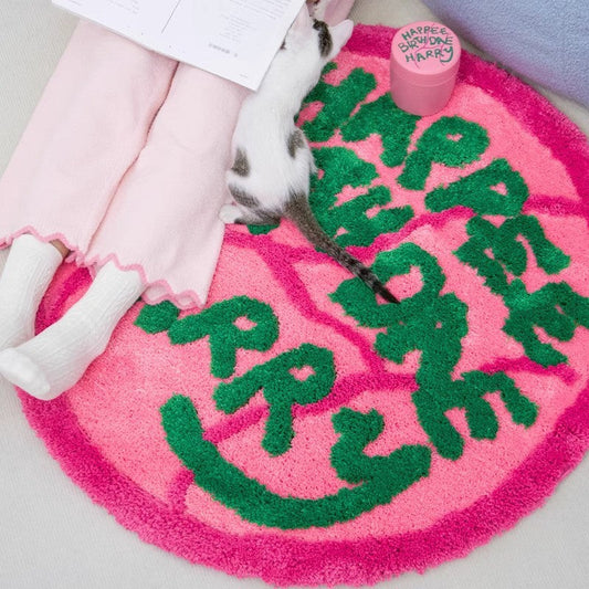 HKM-800787 Geometric Pattern Round Flocking Carpet in Haig Cake Color - 90x90cm Polyester Fiber Floor Mat