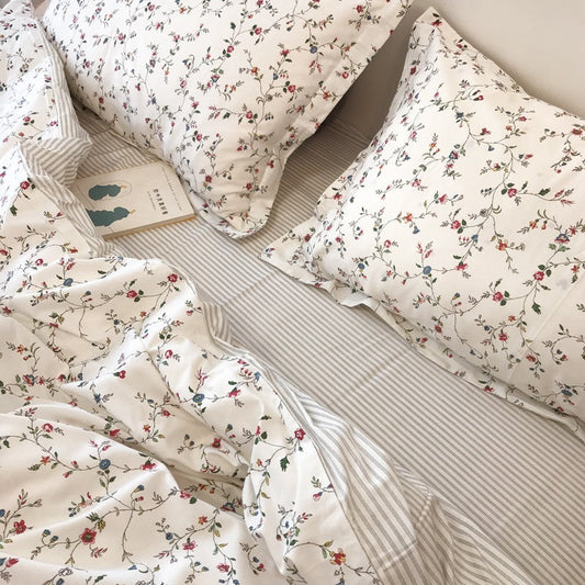 HKM-801363 Floral Cotton Bed Sheet Set - 4-Piece Bedding for 1.5m Bed with Quilted Sheets and Pillowcases