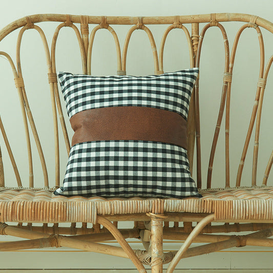 HKM-802259 Plaid Leather Splicing Cushion Cover - Comfortable 45x45cm Decorative Pillow Cover