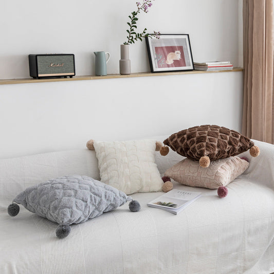 HKM-804563 Solid Color Cotton Plush Ball Cushion Cover - Modern Decorative Pillow, 45x45cm