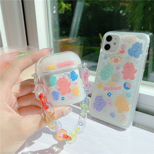 HKM-806547 AirPods Compatible Quicksand Cartoon Design Case with Chain for AirPods 1/2 Generation