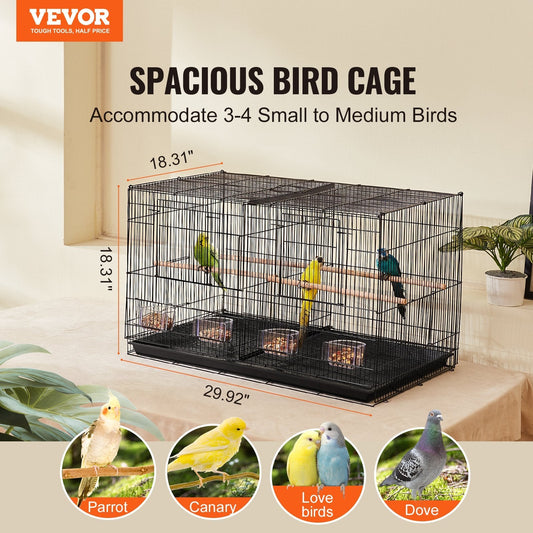 HKM-815635 Spacious 18-Inch Metal Bird Cage with Divider, 5 Perches, 4 Feeding Cups for Parakeets, Canaries, Lovebirds, and Cockatiels