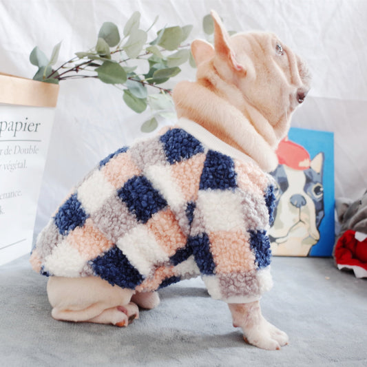 HKM-831955 Warm Teddy Velvet Dog Clothes in Blue and Orange Plaid for Winter Wear