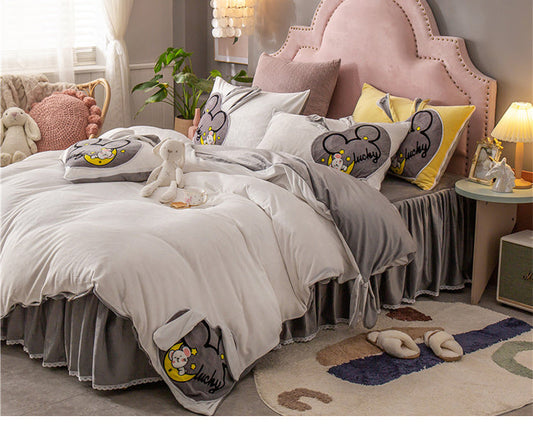 HKM-832659 Coral Velvet Cartoon Anime Duvet Cover Set with Bed Skirt - 4 Pieces in Various Colors
