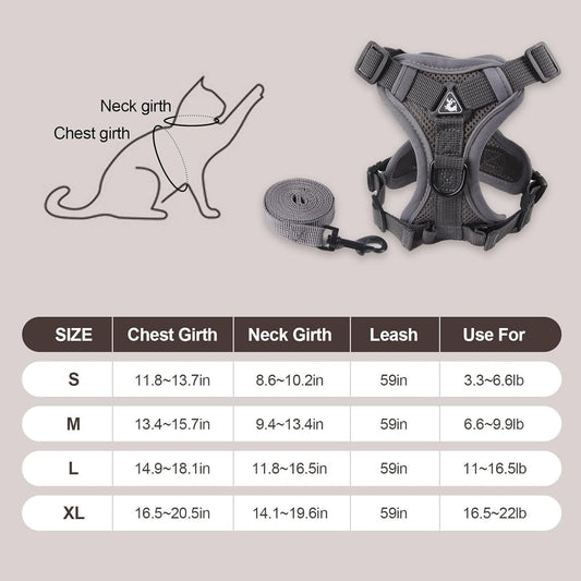 HKM-836307 Adjustable Soft Mesh Cat Harness and Leash Set for All Cats - Anti-Escape, Breathable Design with Reflective Safety Features