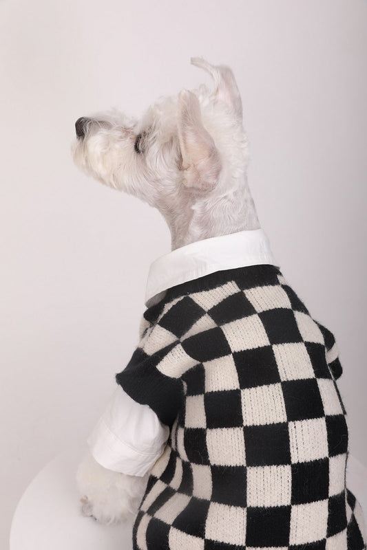 HKM-844435 Checkerboard Pattern Knitted Dog Sweater Vest for Autumn and Winter