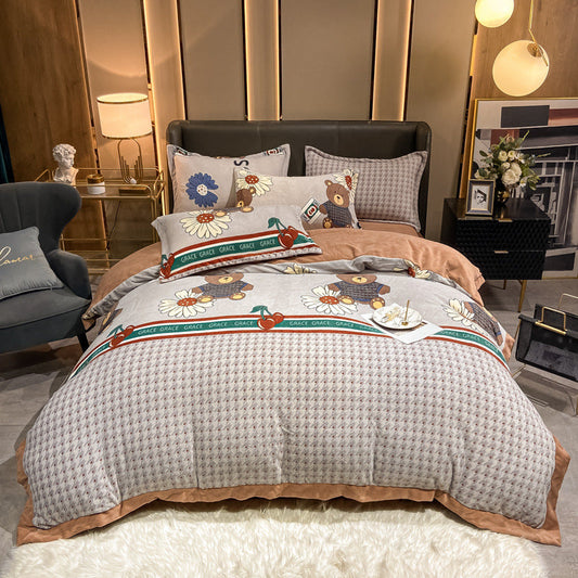 HKM-846163 Nordic Double-sided Velvet Bed Sheet Set - Geometric Pattern, Multicolor, Available in Multiple Sizes