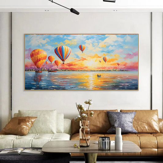 HKM-848403 Colorful Hot Air Balloon Canvas Wall Art - Handmade Oil Painting for Modern Home Decor