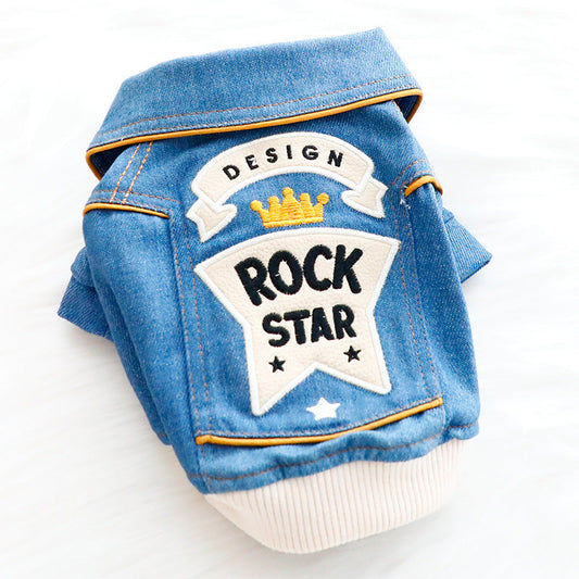 HKM-851347 Embroidered Denim Jacket for Small Dogs - Cute Teddy Pet Clothing in Blue