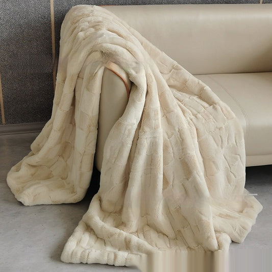 HKM-854227 Solid Color Mink Embossed Fur Blanket with Pillow Cover - Multiple Sizes in Creamy White, Camel, and Brown