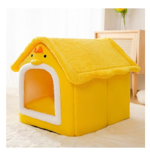 HKM-854419 Chick-Shaped Fully Enclosed Cat Nest - Cute Pet Litter House in Yellow, Green, and Gray