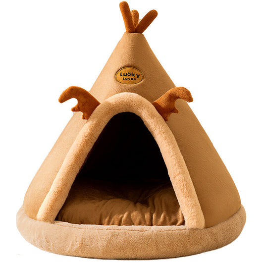 HKM-855507 Warm Elk Tent Pet Bed for Cats and Dogs - Soft Rabbit Fur and Terry Velvet - Multiple Sizes and Colors Available