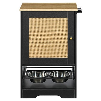HKM-861971 Pet Feeding Station with Storage, 2 Elevated Bowls, Side Hooks, Anti-Tip Design, Black and Vintage Finish