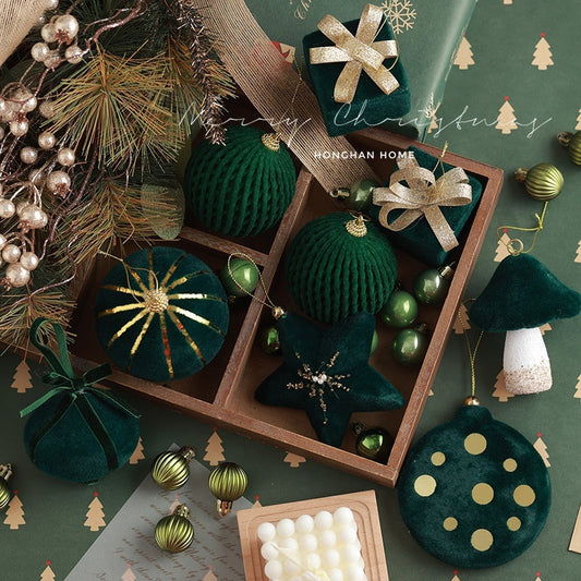 HKM-863251 Dark Green Flocking Christmas Ball Ornaments - Decorative Tree Pendant Set 9 Pack
