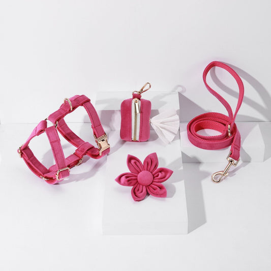 HKM-869587 Fashionable Pet Collar Set with Bow, Lead Rope, Poop Bag, and Flower Accessory