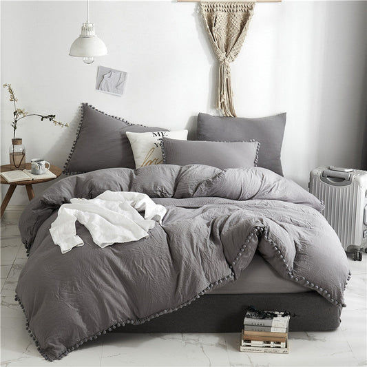 HKM-870867 Three-Piece Light Gray Pure Color Washed Ball Quilt Cover Set in Soft Polyester Fiber