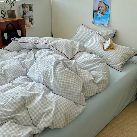 HKM-873491 Small Plaid Pure Cotton Four-Piece Bedding Set with Quilt Cover and Fitted Sheets in Multiple Sizes