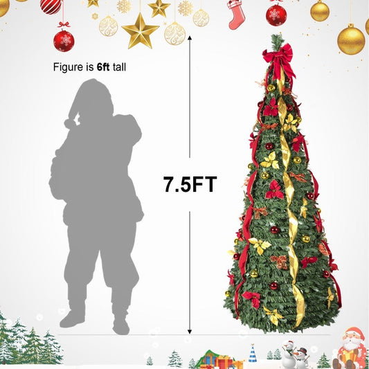 HKM-873619 Prelit Pop-Up Christmas Tree with Warm LED Lights, Gold and Red Ornaments for Easy Holiday Decor