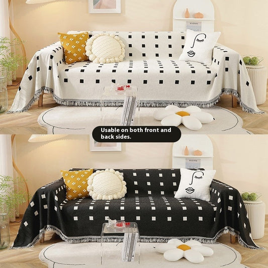 HKM-874387 Waterproof Chenille Sofa Towel in Checkered Pattern - Yellow, Gray, Bean Green, and Black Squares