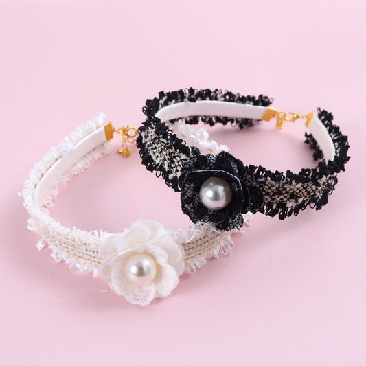 HKM-883091 Hand-Woven Small Fragrant Wind Camellia Pu Adjustable Cat Fairy Collar Bell Pearl Flower Pet Bib