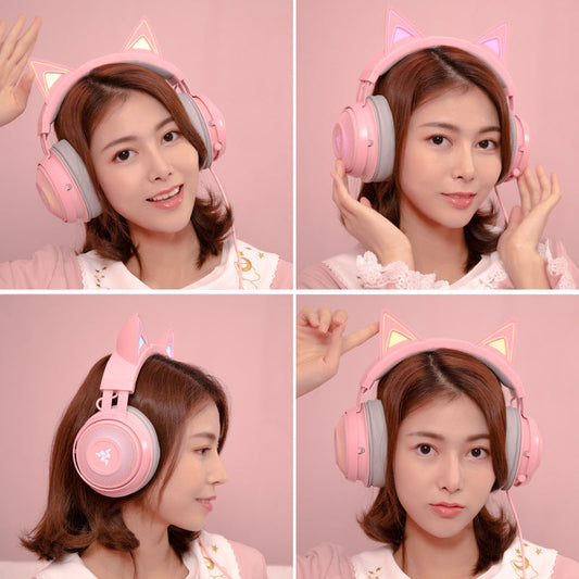 HKM-897107 Glowing Cat Ear Headphones - Wired USB Head-Mounted Design for Universal Compatibility