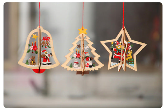 HKM-897171 Wooden Christmas Tree Pendant Set - Five-Pointed Star, Bell, Red Snowflake, and More
