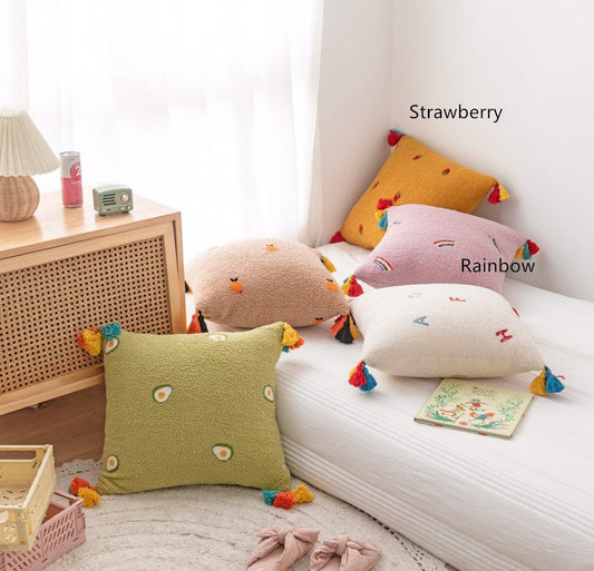 HKM-901395 Teddy Velvet Embroidered Soft Pillow with Tassels, 45x45cm, Multiple Color Options
