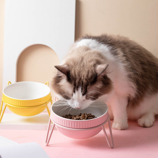 HKM-901523 High Foot Ceramic Pet Bowl with Neck Protection for Cats - Multiple Colors and Designs Available