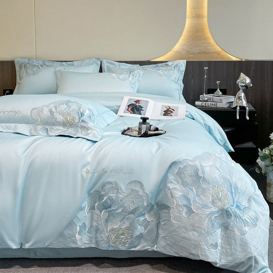 HKM-902803 Cotton Flower Embroidered Solid Color Four-Piece Quilt Set for 1.5m, 1.8m, and 2.0m Beds