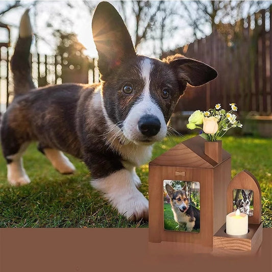 HKM-902803 Solid Wood Pet Cremation Urn - Brown Cabin Style Memorial Cinerary Casket