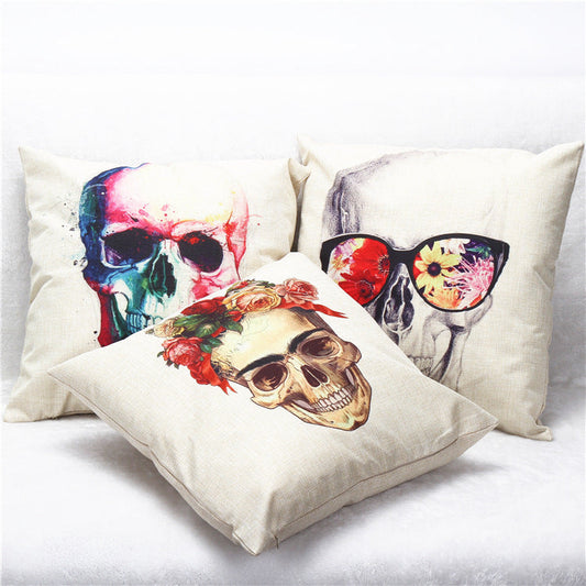 HKM-904019 Colorful Skull Design Linen Sofa Pillowcase for Home Decor