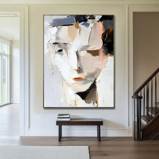 HKM-909331 Hand-Painted Abstract Woman Portrait Canvas Art - Modern Black and White Home Decor