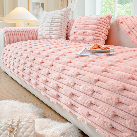 HKM-912083 Rabbit Cashmere Plush Sofa Cushion - Striped Design, Multiple Sizes and Warm Color Options