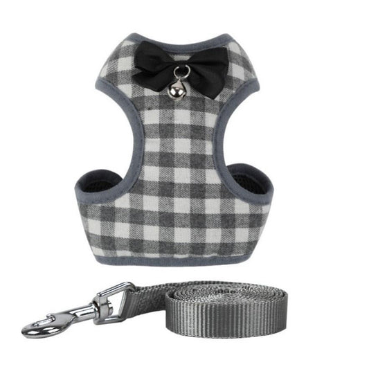 HKM-917651 Plaid Vest-style Pet Harness for Small Dogs with Leash, Red Grid Design